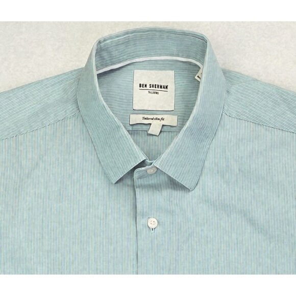 Ben Sherman Tailored Slim Fit Size 16 34-35 Large Men Seafoam Green White Stripe - Picture 1 of 9